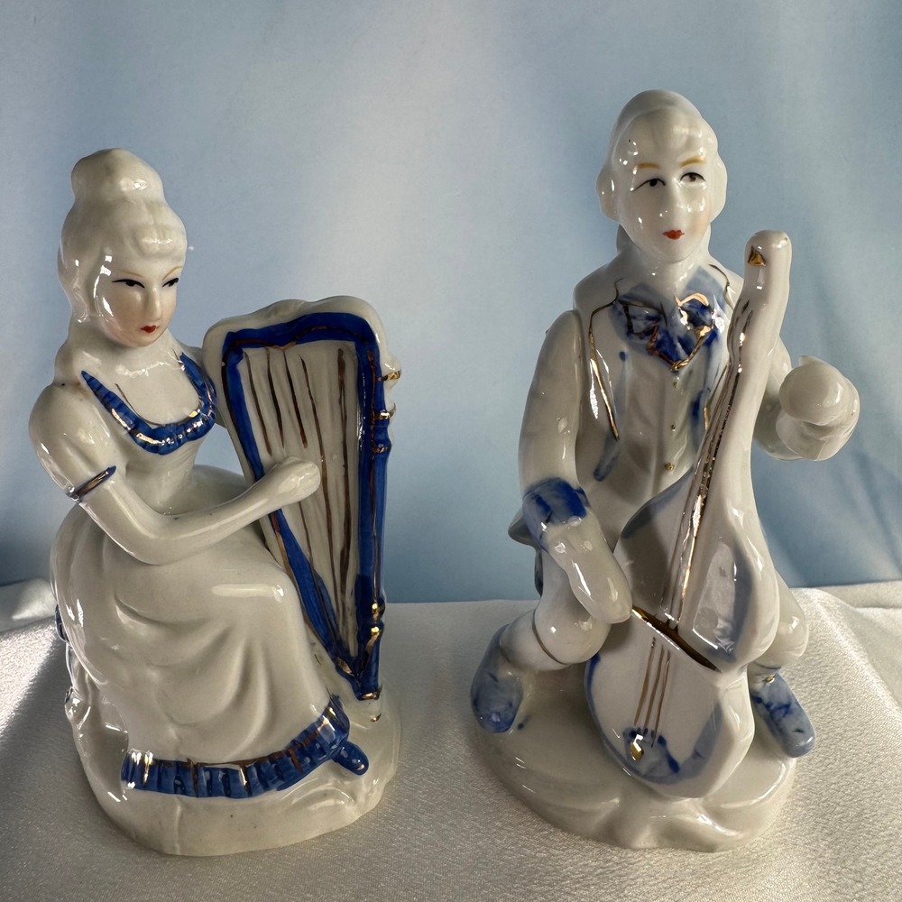 Vintage Porcelain Musician Figurines Set Blue White Gold Harp Cello Rococo Decor